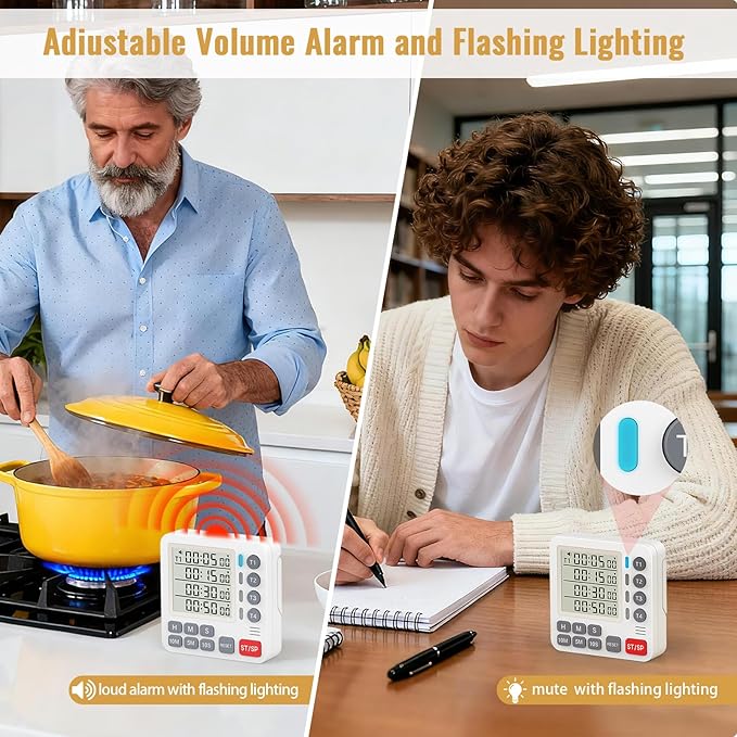 Digital Dual Kitchen Timer, 4 Channels Independent Countdown Timer, Large Display, On/Off, Loud Volume Alarm and Flashing Light with Magnetic Back, Stand, Battery Included (White)