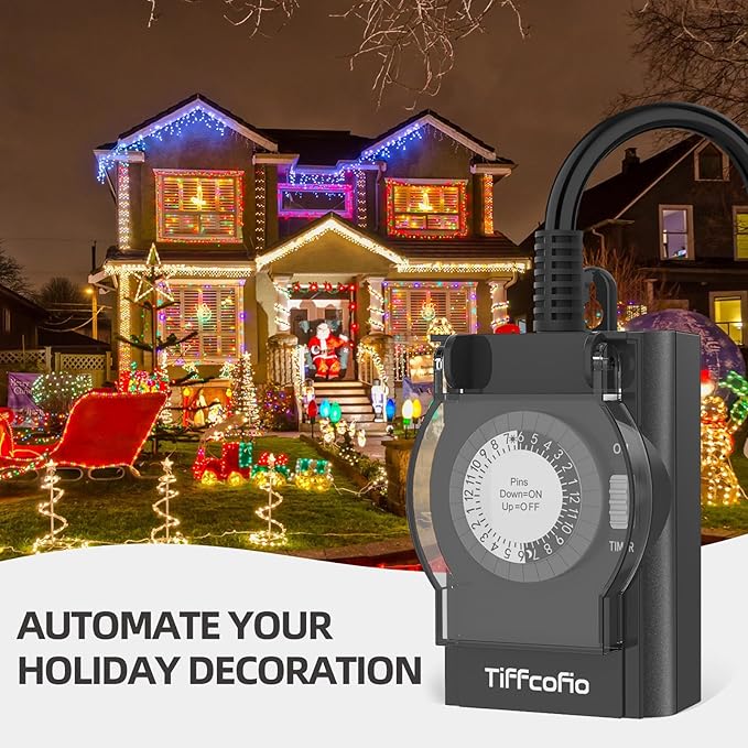 TiFFCOFiO Outdoor Timer Outlet Waterproof, 24 Hour Mechanical Light Timer Outdoor, 2 Grounded Outlets for Home and Garden, 15A 1/2HP, Heavy Duty, ETL Listed (1 Pack)