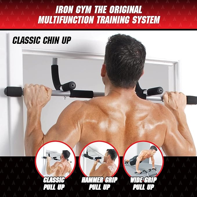 Iron Gym Pull Up Bars - Total Upper Body Workout Bar for Doorway, Adjustable Width Locking, No Screws Portable Door Frame Horizontal Chin-up Bar, Fitness Exercise & Training Equipment for Home,Black, Silver,IRONGMC5