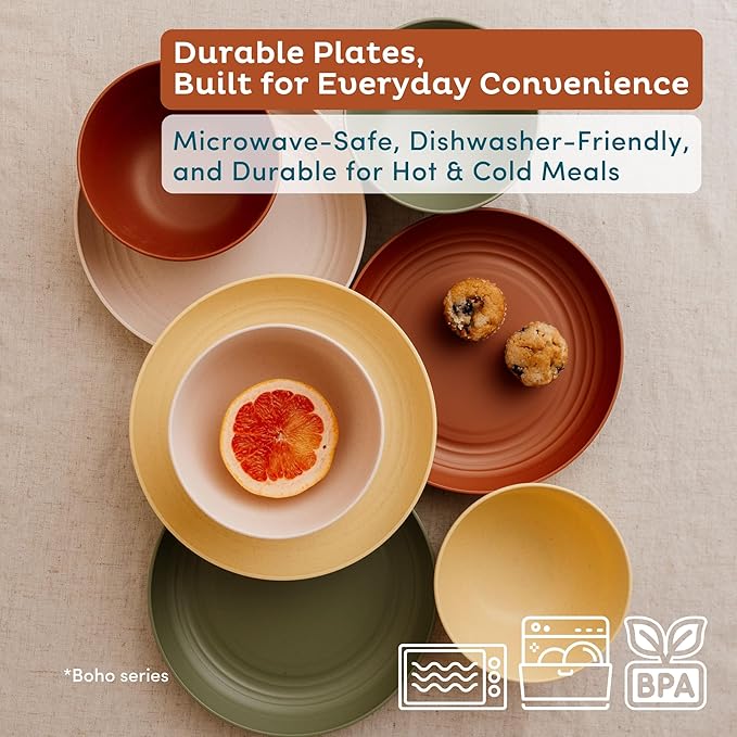 Nook Theory 8-Pack Reusable Wheat Straw Plates Set - Non Toxic and Non Plastic Dinner Plates for Kids and Adults, Lightweight Unbreakable Plate, Microwave Safe and Dishwasher Safe (Boho 9")
