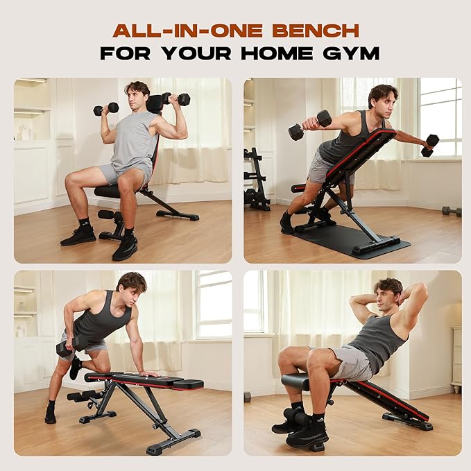 Weight Bench, 880lbs Capacity Adjustable Workout Bench with Headrest for Bench Press, Fast Folding Incline Decline Flat Bench for Home Gym