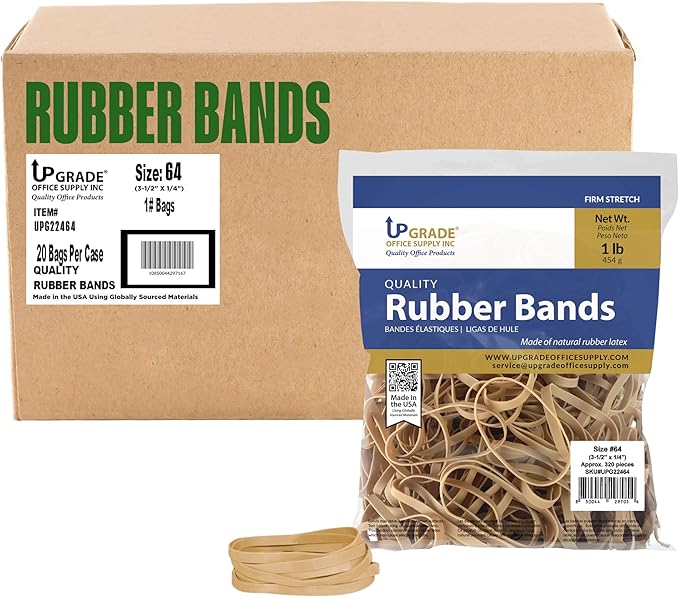 Upgrade Office Supply UPG22464CS Rubber Bands, Size #64 (3-1/2 in x 1/4 in), 320 Bands, 1 lb Bag, 20 Pack Case, USA