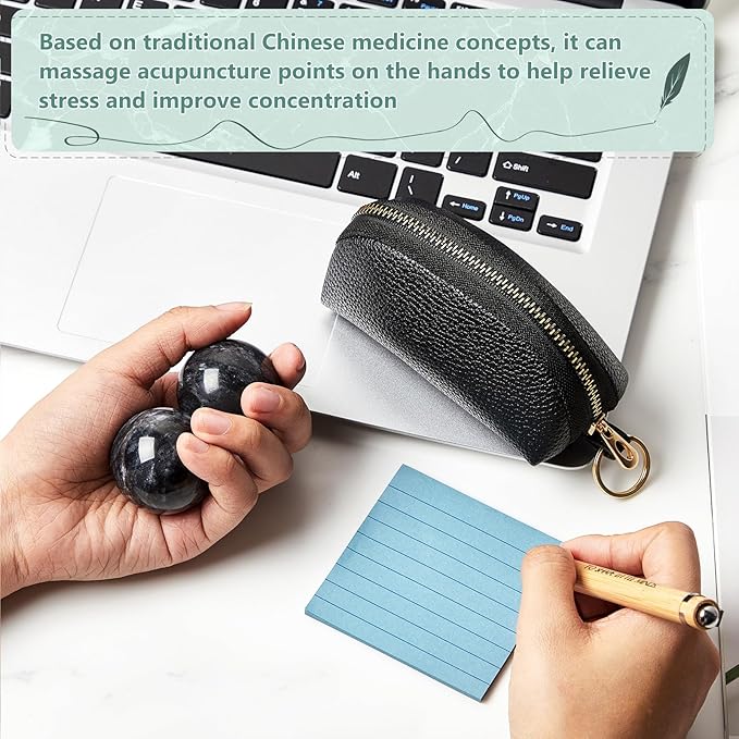 AceOrbit Baoding Balls Set of 2, Chinese Stress Relief Hand Exercise Balls with Leather Pouch, 1.38 Inch Dark Grey Marble, Finger Exercise and Wrist Strength Training