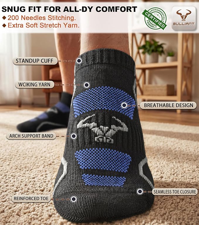 BULLIANT Men Running Socks,Active Ankle Socks No Show For Men With Cushioned Footbed Arch Support Breathable Wicking