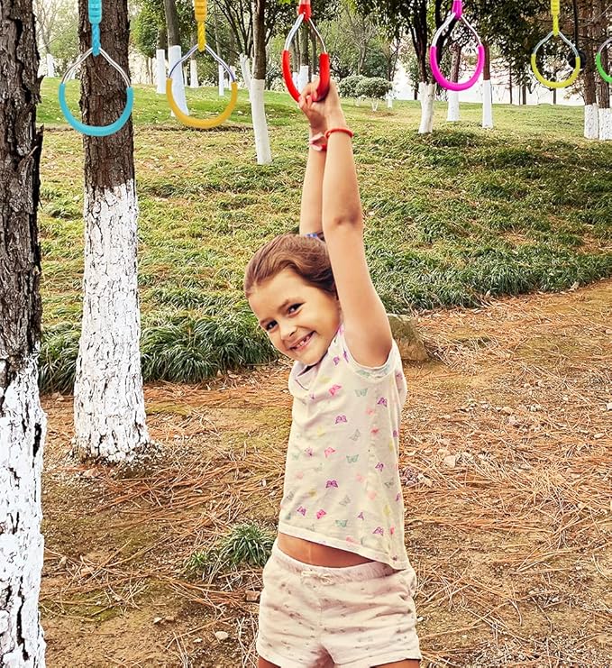 Ninja Jungle Ring Warrior Obstacle Course Trapeze Climbing Fist Swing Playset, 4 Pcs Green Fitness Gymnastic Rings Hanging Monkey Bars Indoor Outdoor Backyard Playground Gym Workout Training Equipment