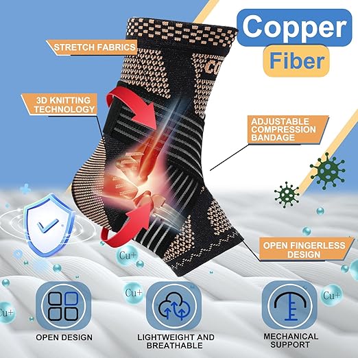 LISEPWU Copper Ankle Brace with Adjustable Compression Bandage, Ankle Support Compression Sleeve for Men & Women, for Foot Pain, Sprained Recovery, Achilles Tendonitis, Sports Protection(Black S)