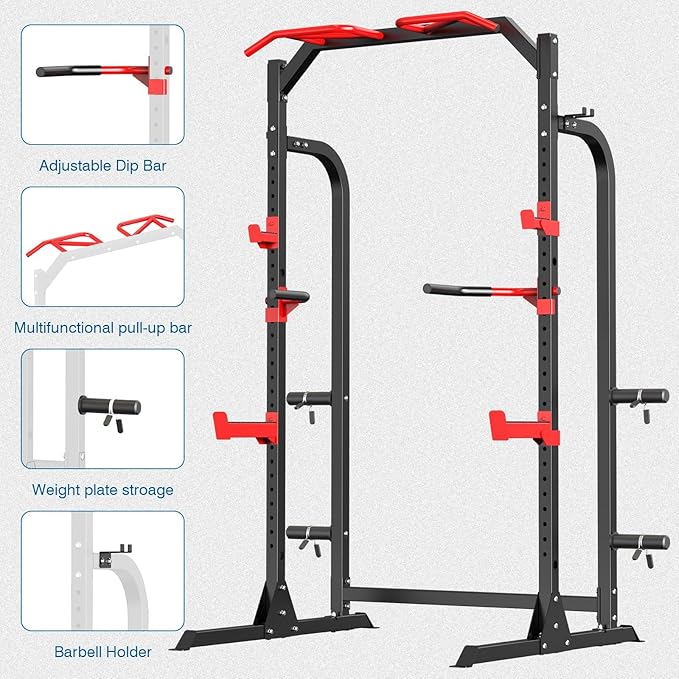 SunHome Power Cage Squat Rack, Power Rack with Pulley System, Adjustable Cable Crossover System, J-Hooks, Dip Handles, Weight Plate Storage