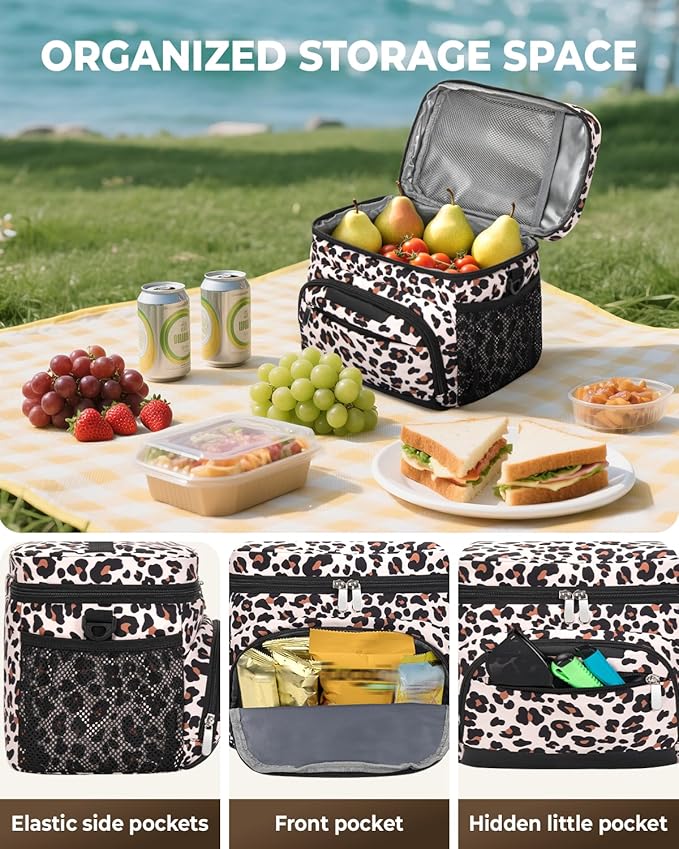 Lunch Boxs for Women/men Insulated Lunch bag,Leakproof Lunchbox with Adjustable Shoulder Strap for Adults,Soft Cooler Tote Bag for Office Fitness Picnic Beach Travel - Leopard 12-Can(8L)
