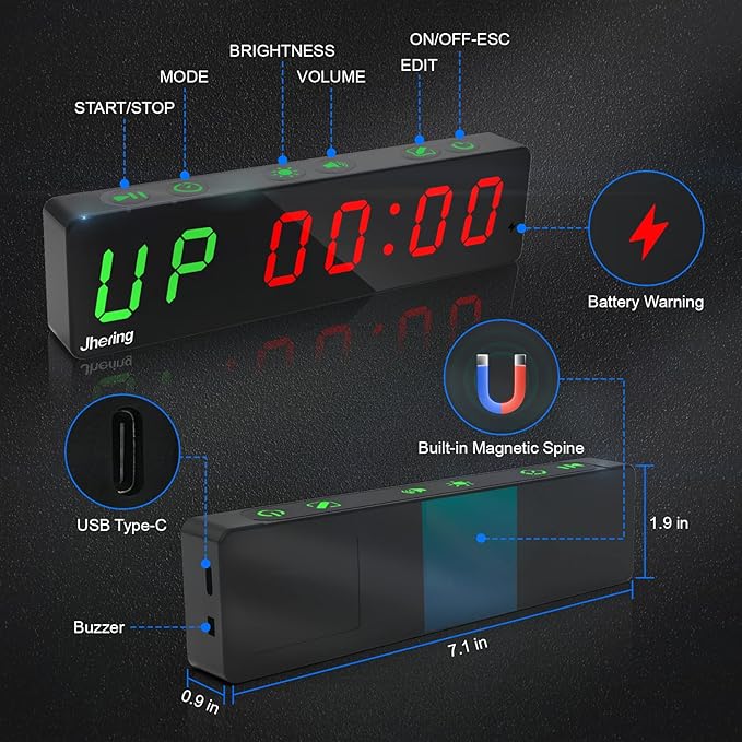 Gym Timer, Portable, Interval Timer with Rechargeable Battery and Built-in Magnet, LED Digital Anti Vertigo Display, Upgraded Workout Clock for Home Gym Garage Fitness