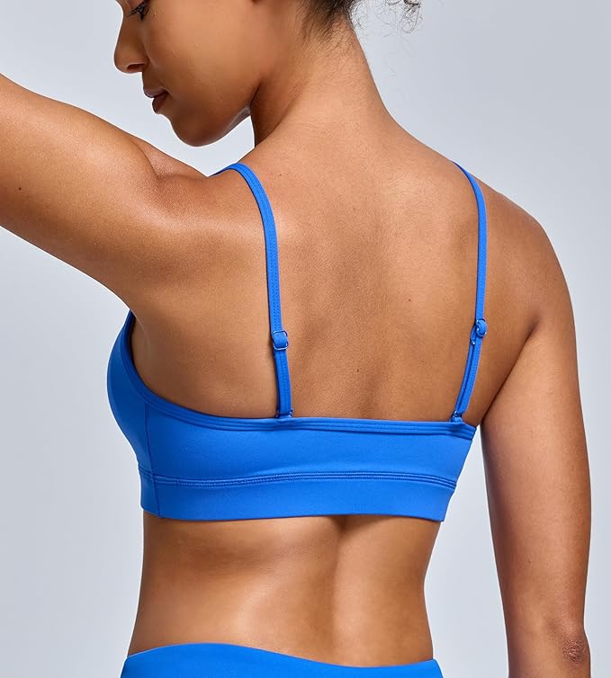 Oalka V Neck Sports Bra for Women Adjustable Padded Thin Straps Wireless Yoga Bras