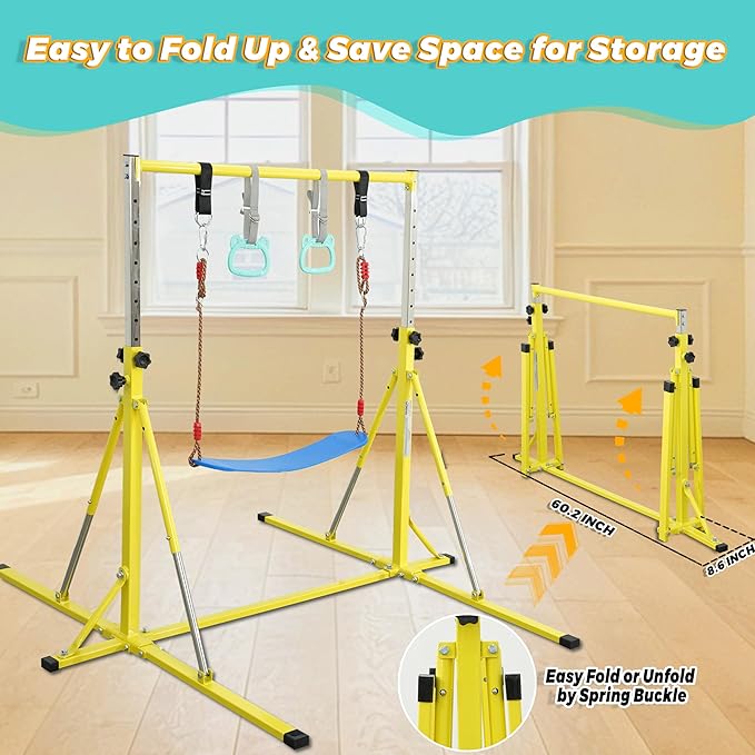 Foldable Gymnastics Bar,5FT Horizontal bar,Adjustable Kids Training bar for Kids Ages 3-15,Kids Gymnastics bar,Triangle Stable Structure-Gym Equipment for Home