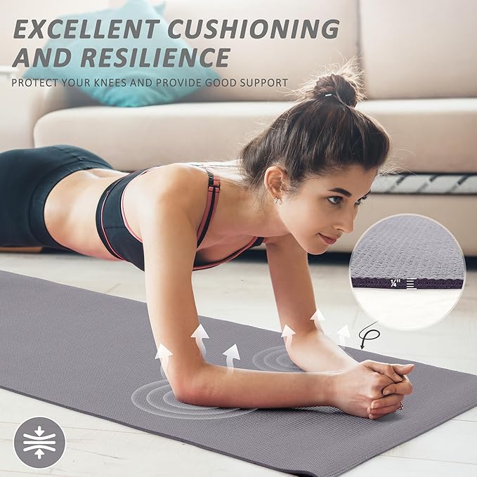 Signature Fitness All Purpose 0.25 Inch Thick High Density No Tear Exercise Yoga Mat with Strap & Lightweight Features for Indoor & Outdoor Use, Gray