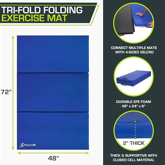 ProsourceFit Tri-Fold Folding Thick Exercise Mat 6’x4’ with Carrying Handles for Tumbling, Martial Arts, Gymnastics, Stretching, Core Workouts