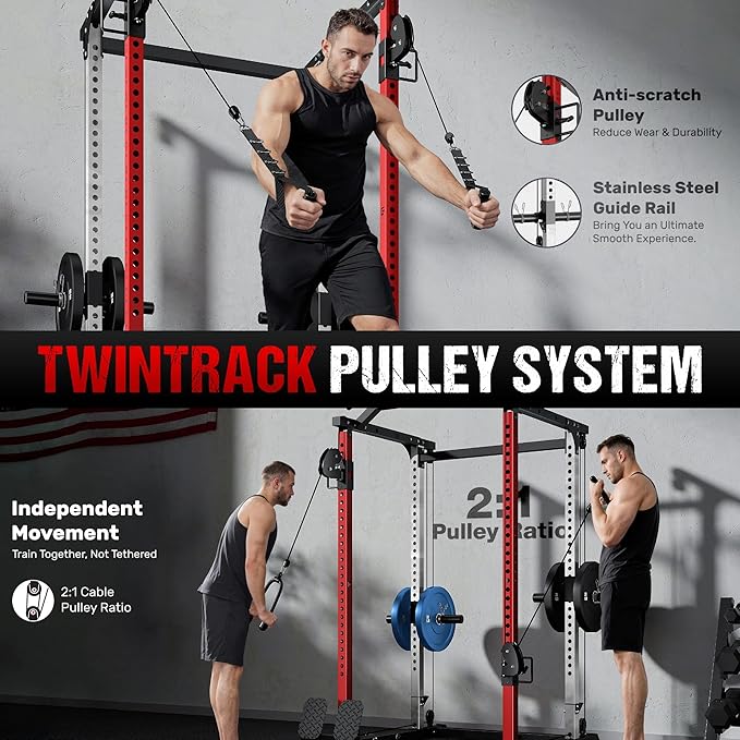 DP01 Power Cage, 2000LBS Squat Rack with with Cable Crossover and Dual Independent Pulley System, Full Cage for Full Body Training, Power Rack with More Training Attachments for Home Gym