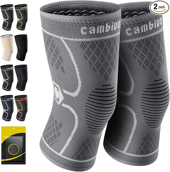 CAMBIVO 2 Pack Knee Brace, Knee Compression Sleeve for Men and Women, Knee Support for Running, Workout, Gym, Hiking, Sports (Cool Gray,Medium)