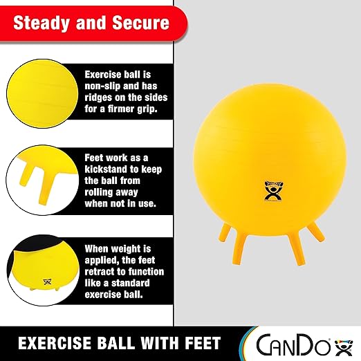 CanDo 30-1891 Non-Slip Inflatable Exercise Ball with Stability Feet for Exercise, Workout, Core Training, Yoga, Pilates, Active Sitting in Gym, Office, Home or Classroom. Yellow 18"