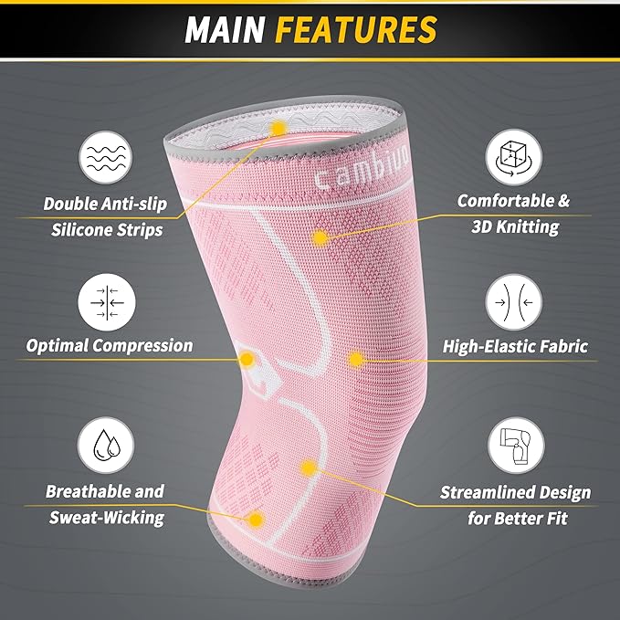 CAMBIVO 2 Pack Knee Brace, Knee Compression Sleeve for Men and Women, Knee Support for Running, Workout, Gym, Hiking, Sports (Rose,Large)