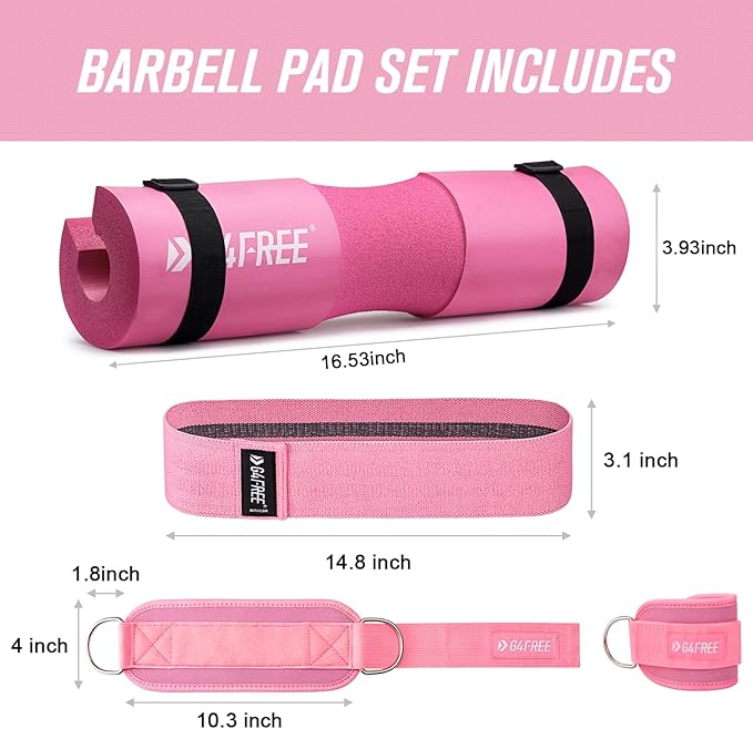 G4Free 9Pcs Barbell Pad Set for Squat, Hip Thrusts, Lunges, Leg day, Standard Olympic Bars with 2 Gym Ankle Safety Straps, 3 Hip Resistance Bands, 2 Lifting Strap, Barbell Pad, and Carry Bag