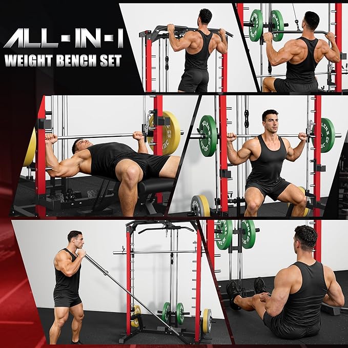 JELENS SR01 Smith Machine, 2000LBS Multi-Function Power Cage with LAT Pulldown System, All-in-One Home Gym Squat Rack with Smith Bar and Training Attachments for Full Body Workouts