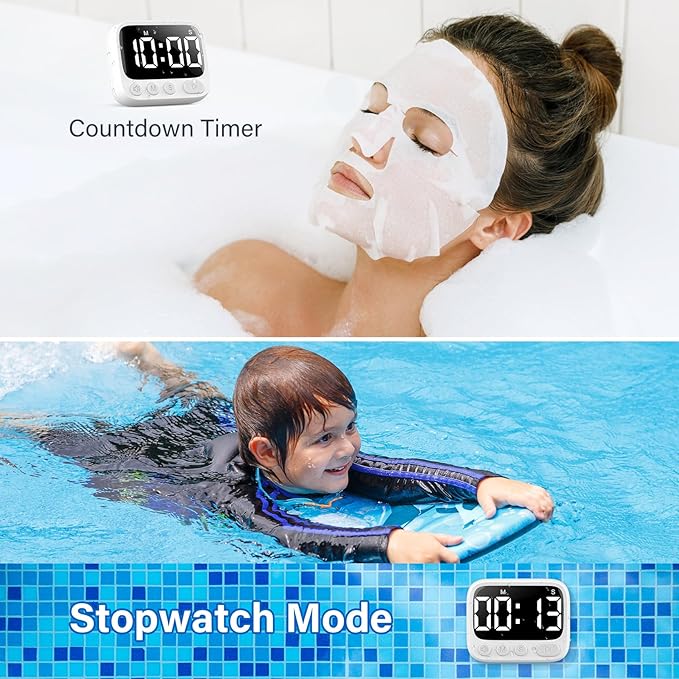HAUKINIX Shower Timer Waterproof Bathroom Toilet Timer Digital Kitchen for Wall Mount, Study w/Foldable Stand, Countdown Stopwatch w/Suction Cup for Swim, Rechargeable, 2 Pack White