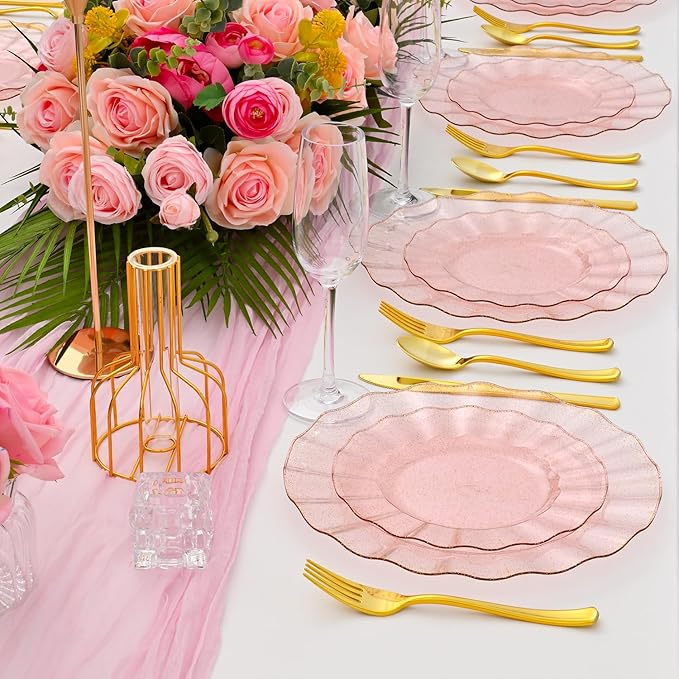60Pcs Premium Pink Plastic Plates, Fancy Clear Pink and Gold Glitter Disposable Plate, Elegant Wedding Plate Set include 30 Dinner & 30 Dessert Plates for Wedding（30Guests）