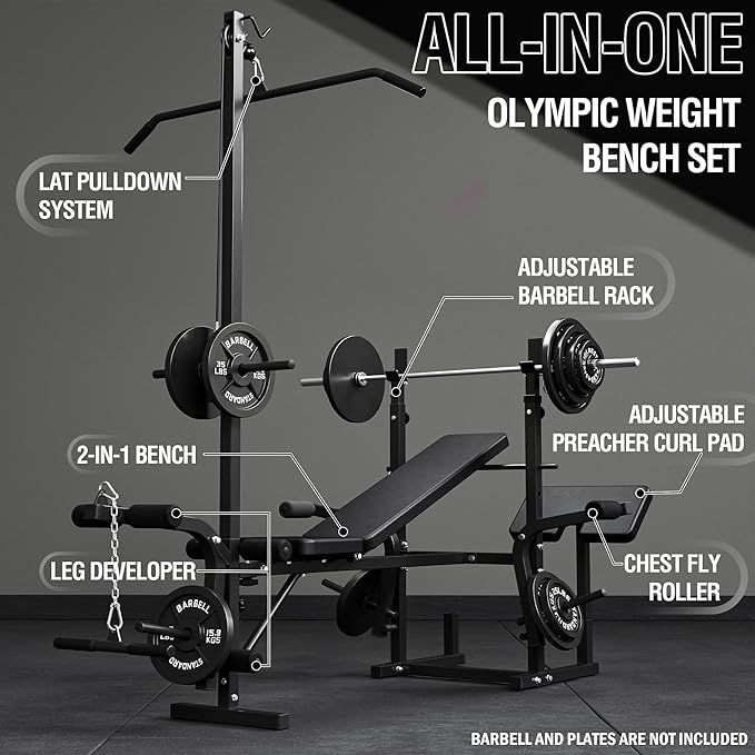 Mikolo 8 in 1 Olympic Weight Bench Set with Leg Extension and Leg Curl, Multi-Function Bench Press Set with Preacher Curl Pad and Chest Fly, Full-Body Strength Training Equipment