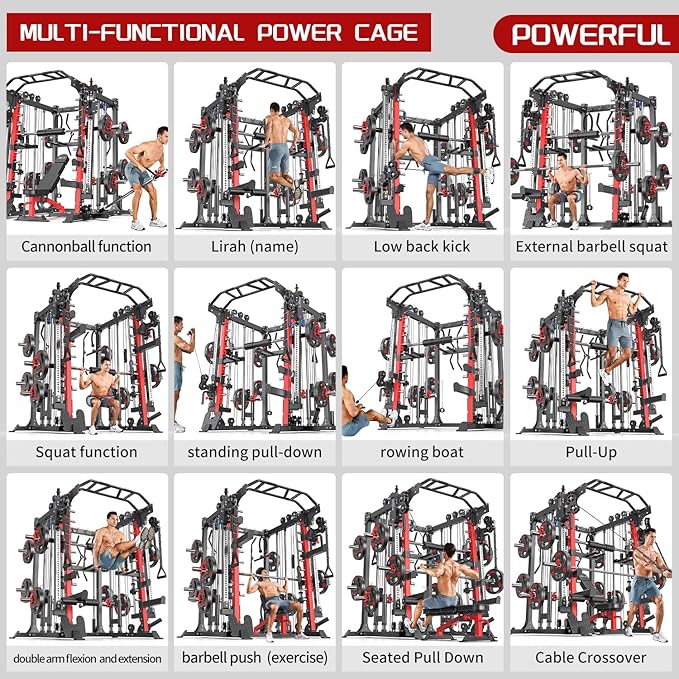 Multi-Purpose Squat Rack,Smith Machine Weight Rack Set with Cable Crossover System, Home Gym Power Racks, Power Racks and Packages