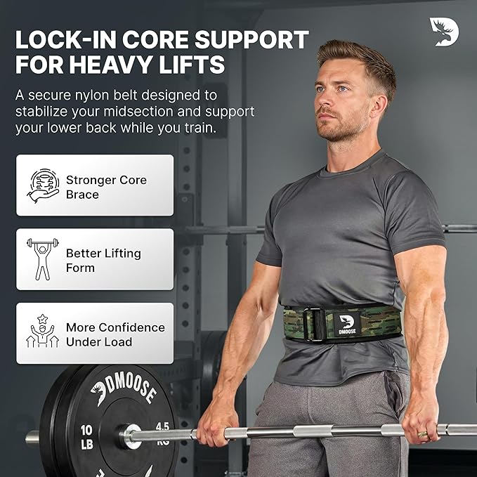 DMoose Weight Lifting Belt - Auto Locking Gym Belt for Olympic Training, WOD, Cross Training for Men and Women - 4" Nylon Workout belt with Adjustable Buckle - Provides Lumbar Support and Stability