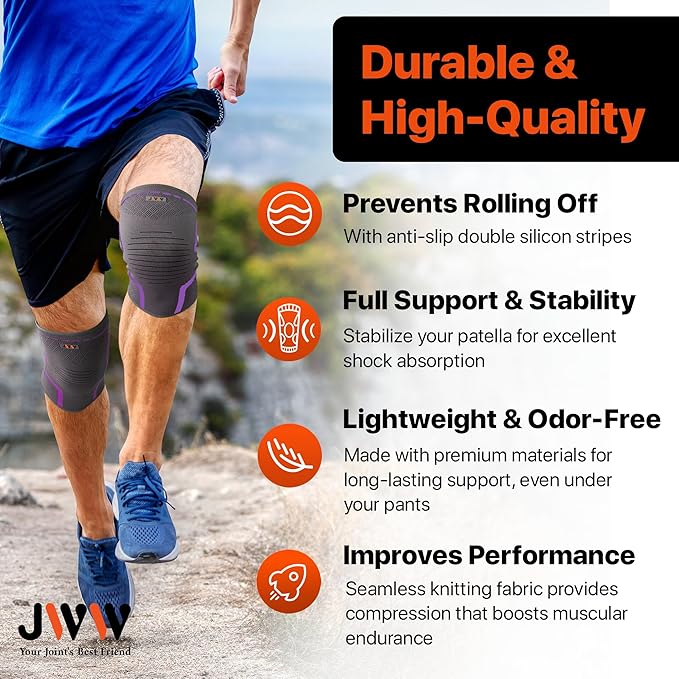 JWW Knee Compression Sleeve 2 Pack for Men and Women, Knee Brace for Knee Pain Relief, Comfortable Support for Running, Workout Sports and Daily Wear, Meniscus, ACL and Arthritis Recovery (Purple, XL)