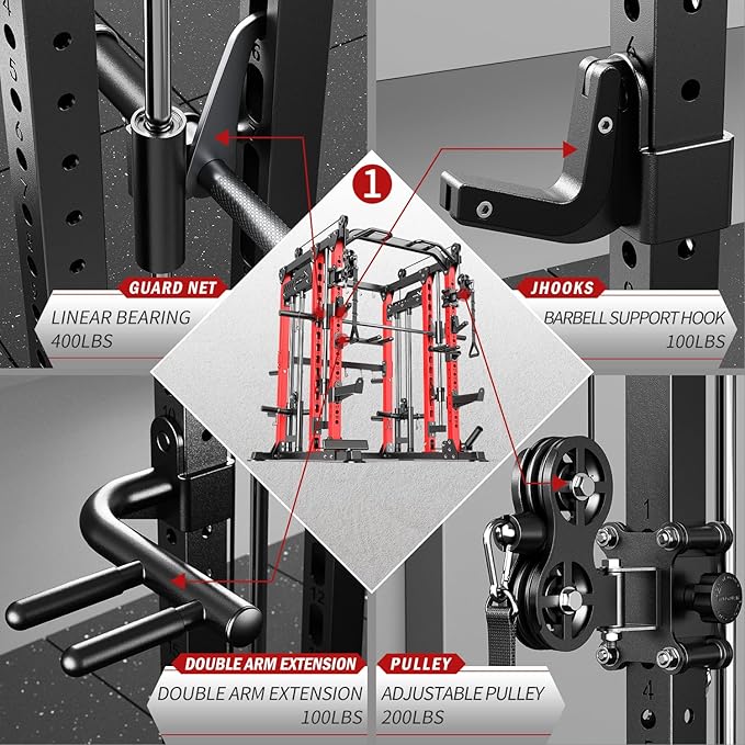 Smith Machine with Cable Crossover System, Multi-Function Power Cage Squat Rack for Home Gym, Power Rack and Packages Weight Sets.