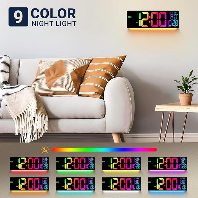 16.5" Large Digital Wall Clock with Remote Control, Auto-Dimming LED Display with Date Temp, Big Number Wall Mount Decor Clock for Seniors, Classroom, Dorm, Home, Office, Gym Colorful