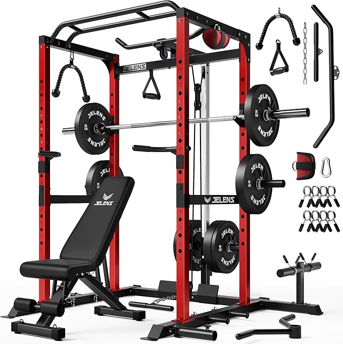 JELENS S21 Power Cage, Multi-Function Power Rack with Adjustable Cable Crossover System, 2000LBS Squat Rack for Home Gym with More Training Attachments