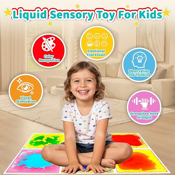 Sensory Floor Tiles Liquid for Kids: Motion Activity Play Mat 12x12 Inch Non-Toxic Anti-Slip Leakproof - 6 Colorful Pads Tactile Exploration & Visual Tracking Toys for Toddlers/Autism Room