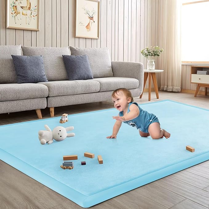 Baby Play Mat for Floor Nursery Muscle Area Rug Playroom Rug 47"x47" Memory Foam 1.3" Thick Crawling Mat for Babies,Toddlers, Infants,Kids(Ice Blue)