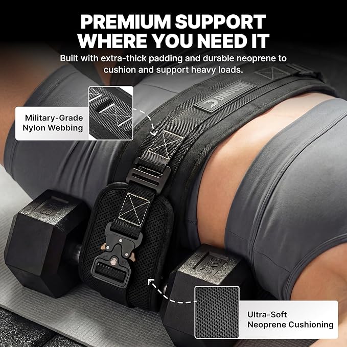 DMoose Fitness Hip Thrust Belt - Dual-Strap Glute Builder for Dumbbells, Plates, Kettlebells (Supports up to 700 lbs) - Comfortable Padded Booty Belt for Home & Gym
