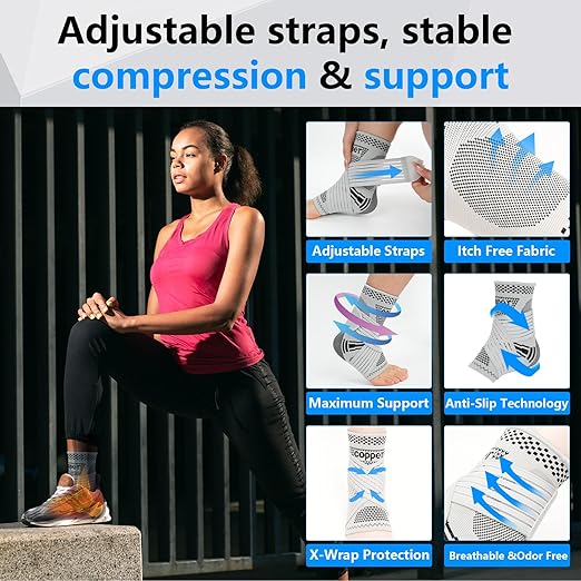DRNAIETY Copper Ankle Brace for Men & Women - 1 Pair Adjustable Ankle Support Compression Sleeve for Plantar Fasciitis, Achilles Tendonitis, Foot Pain, Swelling, Sprains - Everyday Use (Grey, Large)