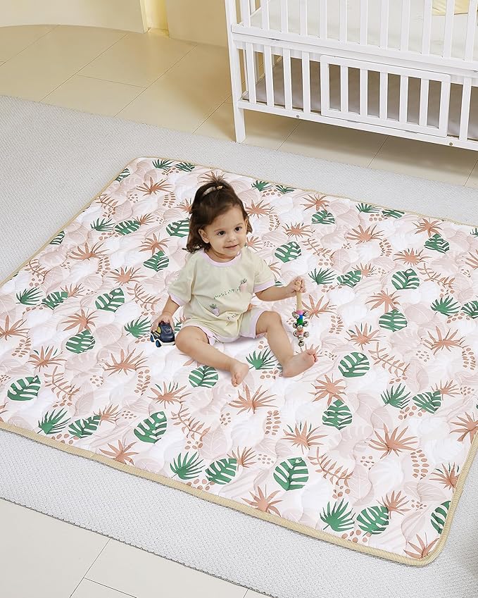Viviland Baby Mats for Floor, 50x50 Inch Playpen Mat, Thick Cushioning Padding Playmat for Baby and Toddlers Infants, Non-Slip & Machine Washable, Green Leave