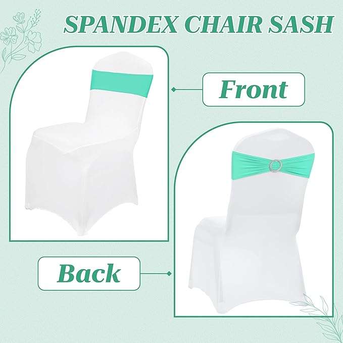 MDS Pack of 150 Spandex Chair Sashes Bows Universal fits Elastic Stretch Chair Bands Ties with Buckle Slider Bow for Wedding Decoration Spandex Slider Sashes Bow - Sea Green