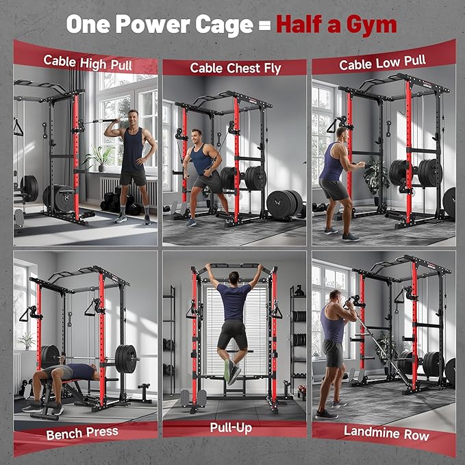 Sportsroyals Squat Rack, LAT Power Cage, Power Rack Multi-Function with Pulley System and Training Attachments for Home Gym