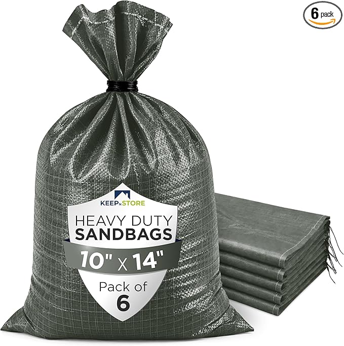 Heavy Duty Sand Bags Pack of 6, Army Green Empty Sandbags with Built-In Ties, Woven Polypropylene UV Protection 1600 Hours, Fillable Bags for Flood Control, Weight, 10x14 inches, 15 Pounds Volume