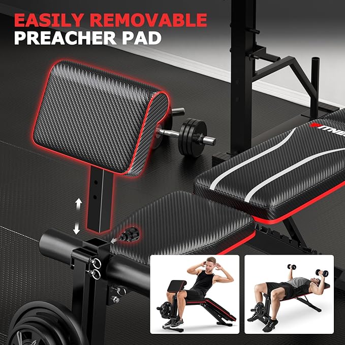 Fostoy Foldable Workout Bench, Adjustable Weight Bench for Home Gym, Multi Functional Gym Bench w/Leg Extension &Preacher Pad, Extra Headrest, Fast Folding Strength Training Incline Sit up Bench 800LB