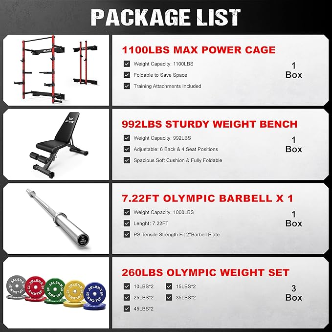JELENS SF01 Folding Squat Rack, Wall Mounted Power Rack for Home Gym, Space Saving Multi-Functional Power Cage with More Attachments