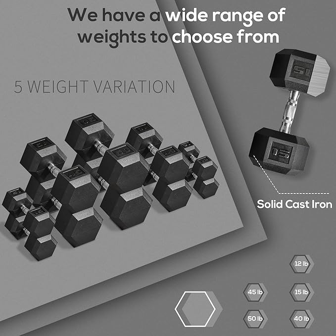 Soozier 2 x 12lbs/2 x 15lbs/2 x 40lbs/2 x 45lbs/2 x 50lbs Hex Dumbbell Set of 2, Rubber Weights Exercise Fitness Dumbbell with Non-Slip Handles, Anti-roll, for Women or Men Home Gym Workout
