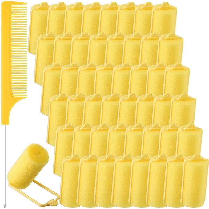 Syhood 48 Pcs Foam Sponge Hair Rollers Soft Sleeping Curlers Flexible Sponge Curler and Rat Tail Comb for Women Hairdressing Styling(Yellow,1.18 inch)