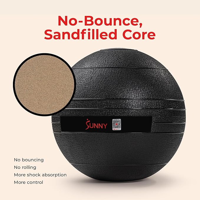 Sunny Health & Fitness Ultra-Durable Slam Ball, Sand Filled No-Bounce Core, Non-Slip Grip – Available in 10–50 lbs