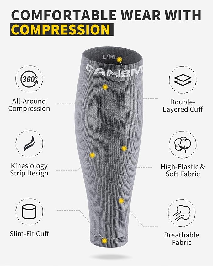 CAMBIVO 3-Pair Calf Compression Sleeves for Men & Women – Footless Socks for Shin Splints & Leg Pain Relief, 1 Pair Available