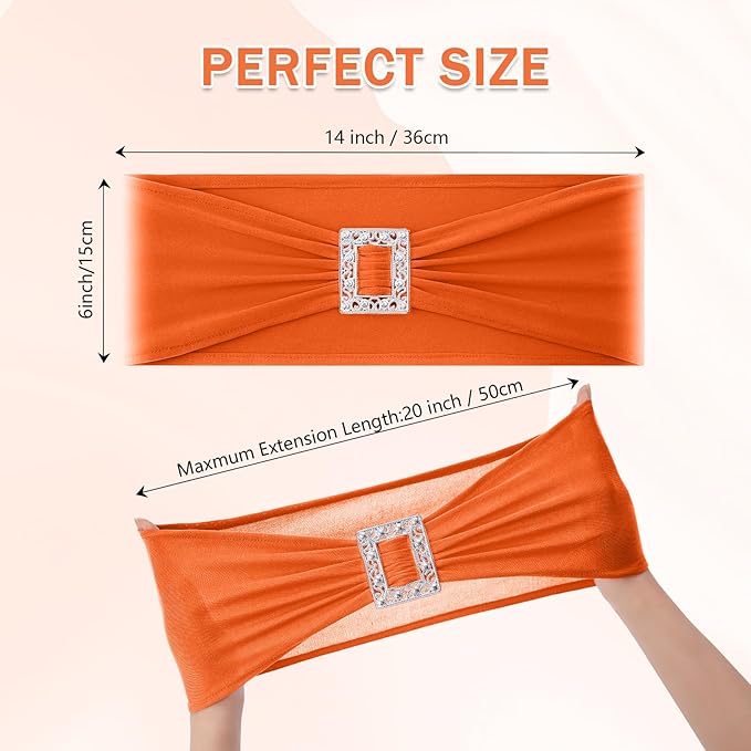 Joccun 120 PCS Spandex Chair Sashes Bows Stretch Chair Cover Band with Buckle Slider Universal Elastic Chair Ties for Wedding Banquet Party Event Decoration (Orange)