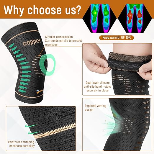 JIUFENTIAN Copper Knee Brace for Women and Men(2 Pack) -knee compression sleeves for Arthritis, Running & Daily Use-Targeted Support for Joint Stability & Pain Relief(X-Large)