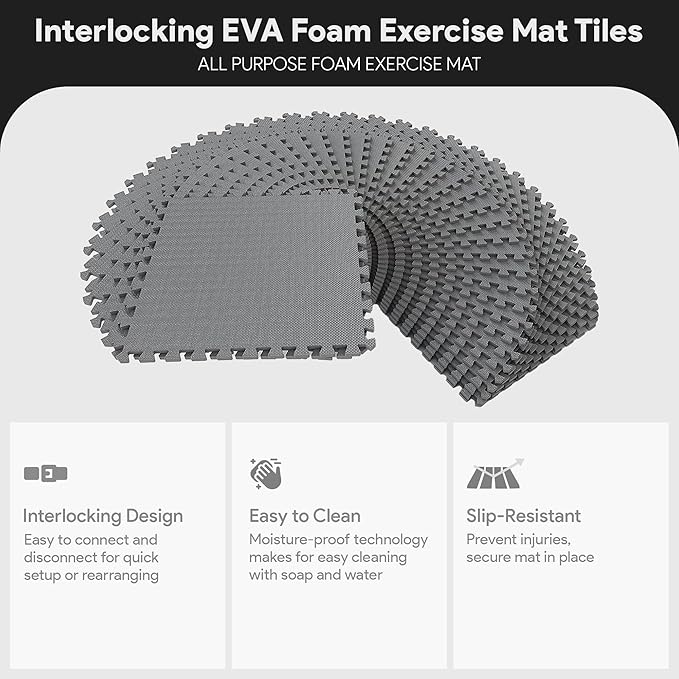 BalanceFrom Puzzle Exercise Mat 1/2' Thick, EVA Interlocking Foam Floor Tiles for Home Gym, Mat for Home Workout Equipment, Floor Padding for Kids, Gray, 24 in x 24 in x 1/2 in, 144 Sq Ft - 36 Tiles