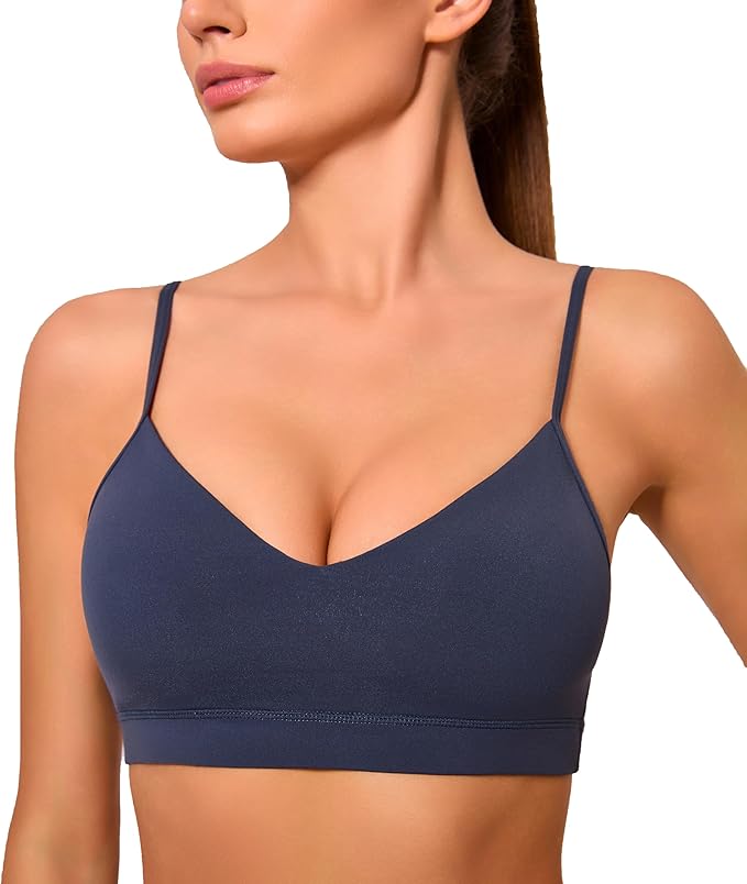Oalka V Neck Sports Bra for Women Adjustable Padded Thin Straps Wireless Yoga Bras